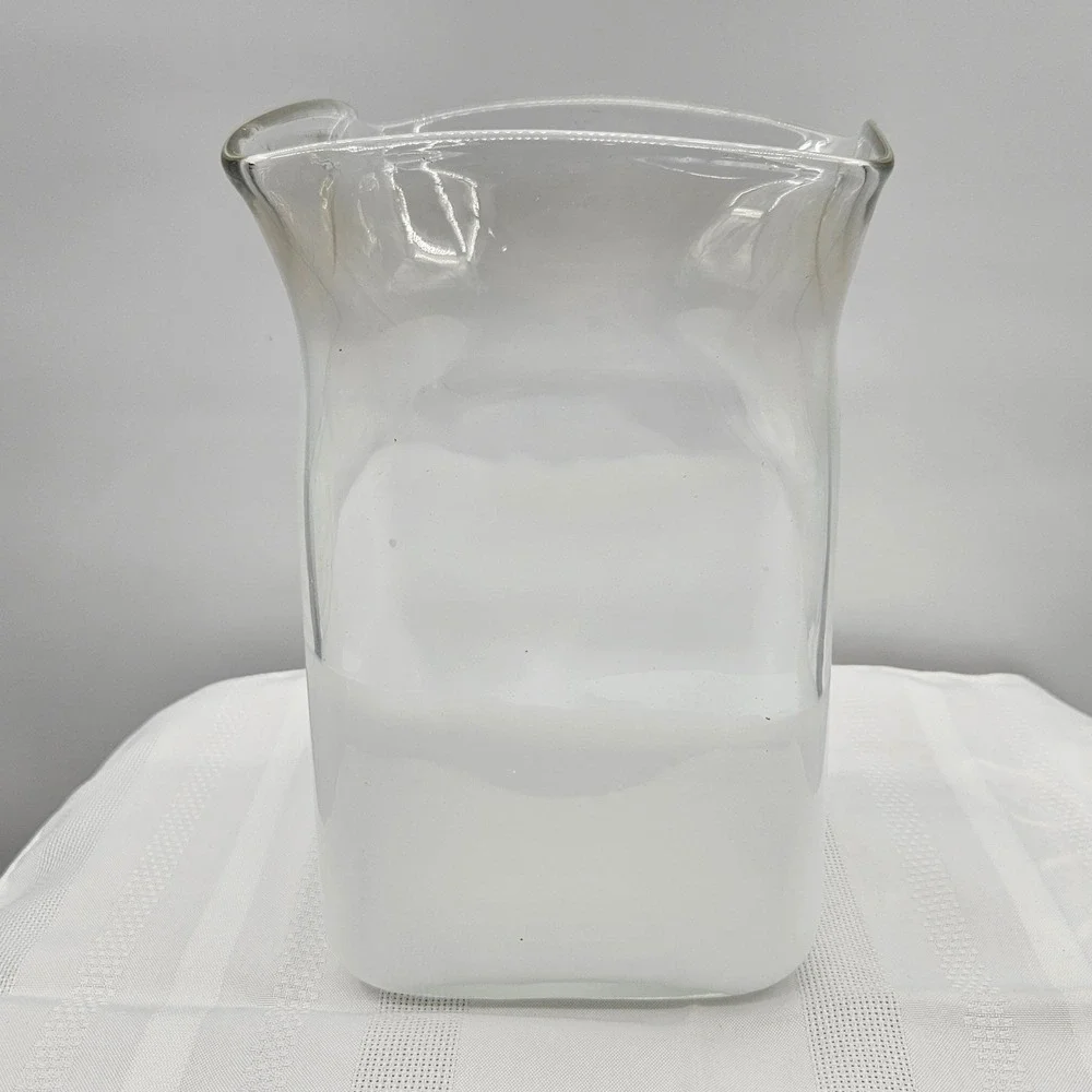 Hand Blown Square Glass Vase White Clear Two Tone‎ 8.5 Inch
